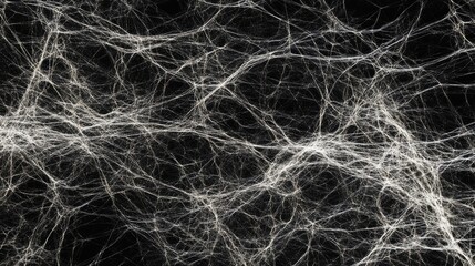 Intricate spiderweb texture; dense, chaotic network of thin, off-white threads against a black background