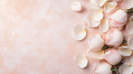 Aufkleber - Pastel pink roses and petals arranged on a textured peach background, creating a delicate and romantic floral composition perfect for wedding invitations or feminine branding. : Generative AI
