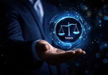 Fototapete - Businessperson's hand displays a digital scales of justice icon, symbolizing legal fairness and balance in a futuristic, technological context. : Generative AI