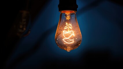 Fototapete - A single lit light bulb in a dark room.