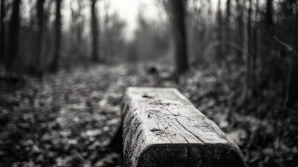 Poster - Rustic wooden bench sits alone in a blurred, monochrome forest path, conveying a sense of solitude and quiet contemplation. : Generative AI