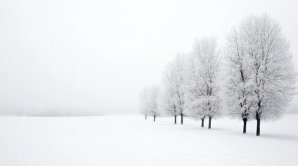 Poster - Five frost-covered trees stand in a row across a snow-covered field, under a pale winter sky, creating a serene and minimalist winter landscape. : Generative AI