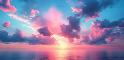 Poster - Serene sunset over calm ocean, vibrant pink and blue cloudscape, idyllic tranquil scene, peaceful atmosphere, dreamy horizon. : Generative AI