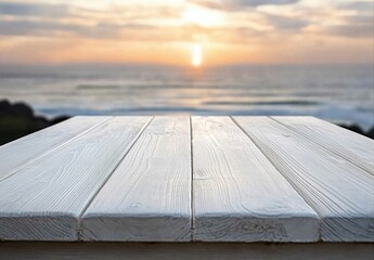 Leinwandbilder - White wooden table overlooking a tranquil ocean sunset, perfect for product placement or summer themed designs. : Generative AI
