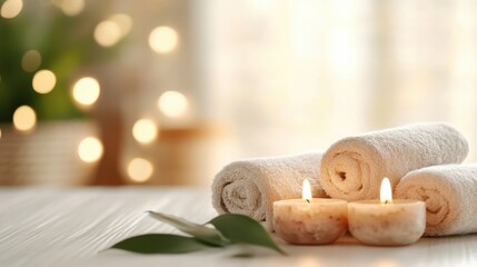 Aufkleber - Spa treatment scene with beige towels, burning candles, and soft bokeh lights in the background, creating a relaxing and serene atmosphere. : Generative AI