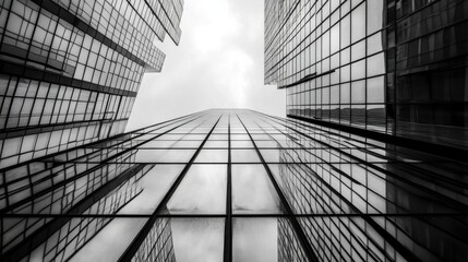 Aufkleber - A low-angle monochrome shot depicts the imposing glass facades of three skyscrapers, their reflections mirroring the cloudy sky, creating a sense of urban grandeur and architectural pr : Generative AI