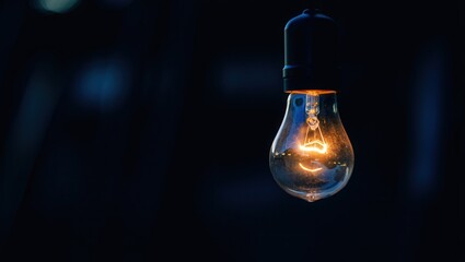 Fototapete - A single lit light bulb hanging from a string in darkness.