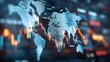 © Naeem - Double exposure of a global world map overlay on a financial stock market trading screen with charts and data visualization