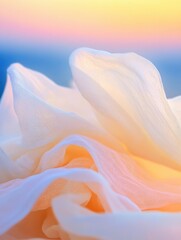 Poster - Soft, flowing pastel fabric draped against a vibrant sunset backdrop, creating a serene and ethereal mood.  The delicate texture and gentle folds of the sheer material are highlighted  : Generative AI