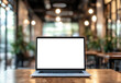 © Generative AI - Modern laptop computer with blank screen sits on wooden table in a trendy cafe setting, showcasing a blurred background of warm lighting and plants. : Generative AI