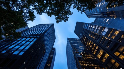 Poster - Low angle view of modern skyscrapers at dusk, seen from below, with tree branches framing the sky. : Generative AI