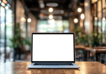Fototapete - Modern laptop computer with blank screen sits on wooden table in a trendy cafe setting, showcasing a blurred background of warm lighting and plants. : Generative AI