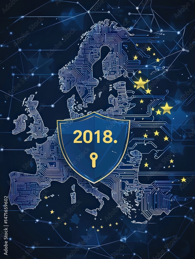 This artwork depicts a digital map of Europe, accentuated by a shield symbol representing cybersecurity in 2018. Circuit patterns and stars enhance its modern technological theme.