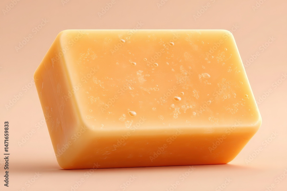 A rich orange cheese block is positioned against a soft, neutral background. Its smooth surface features subtle texture variations, suggesting freshness and quality for various dishes.