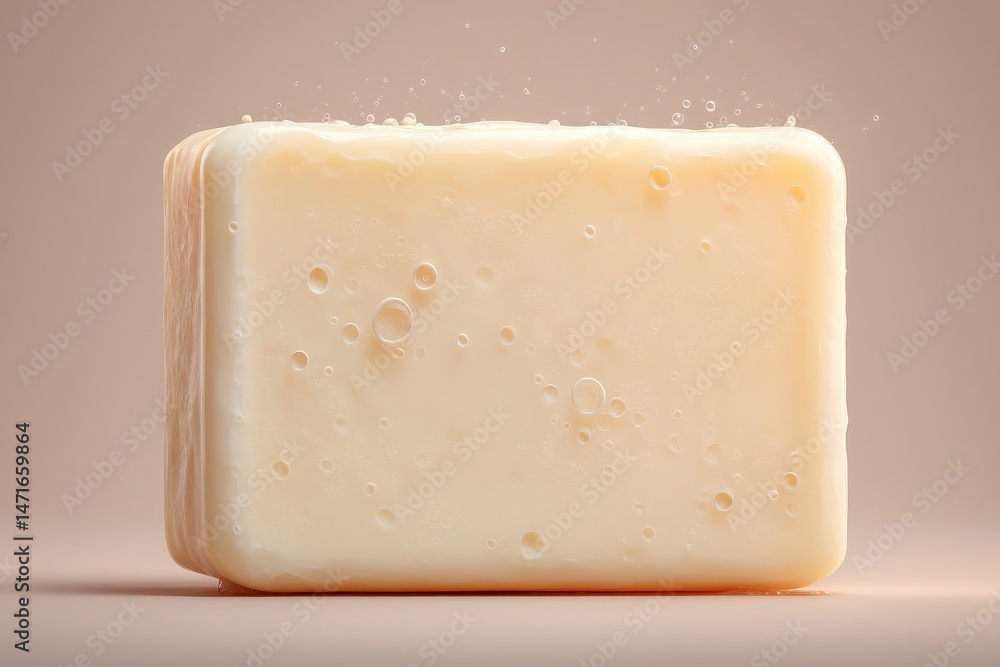 A creamy block of soap is displayed on a gentle surface, with soft bubbles emerging from the top, creating a fresh and inviting appearance. The background is a warm muted color.