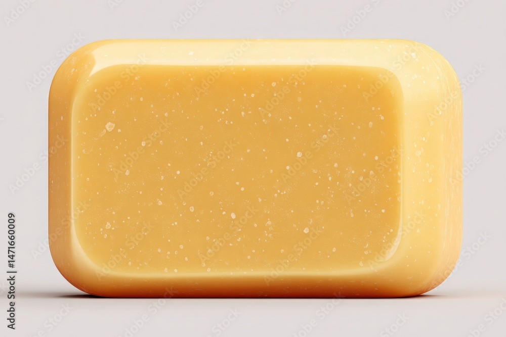 Bright yellow soap rests on a clean surface, showcasing its smooth shape and tiny speckles. The lighting highlights its glossy texture, creating an inviting appearance.