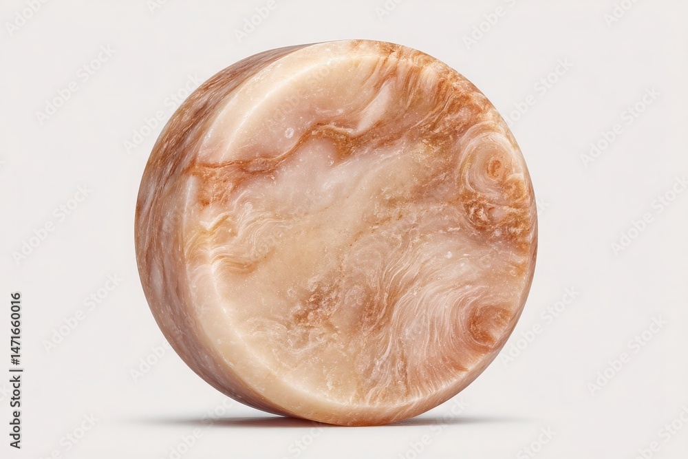 A round piece of natural marble exhibits swirling patterns and rich warm hues. The smooth surface highlights its intricate design, making it a striking decorative element.