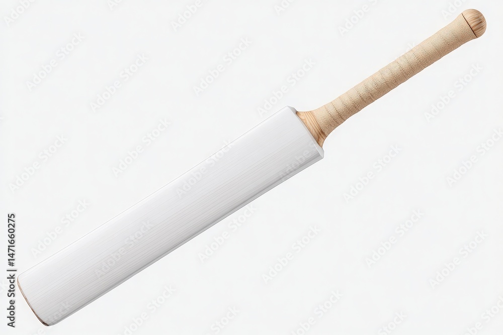 A wooden cricket bat features a sleek white finish and a textured grip handle designed for enhanced performance. Perfect for cricket enthusiasts and players of all skill levels.