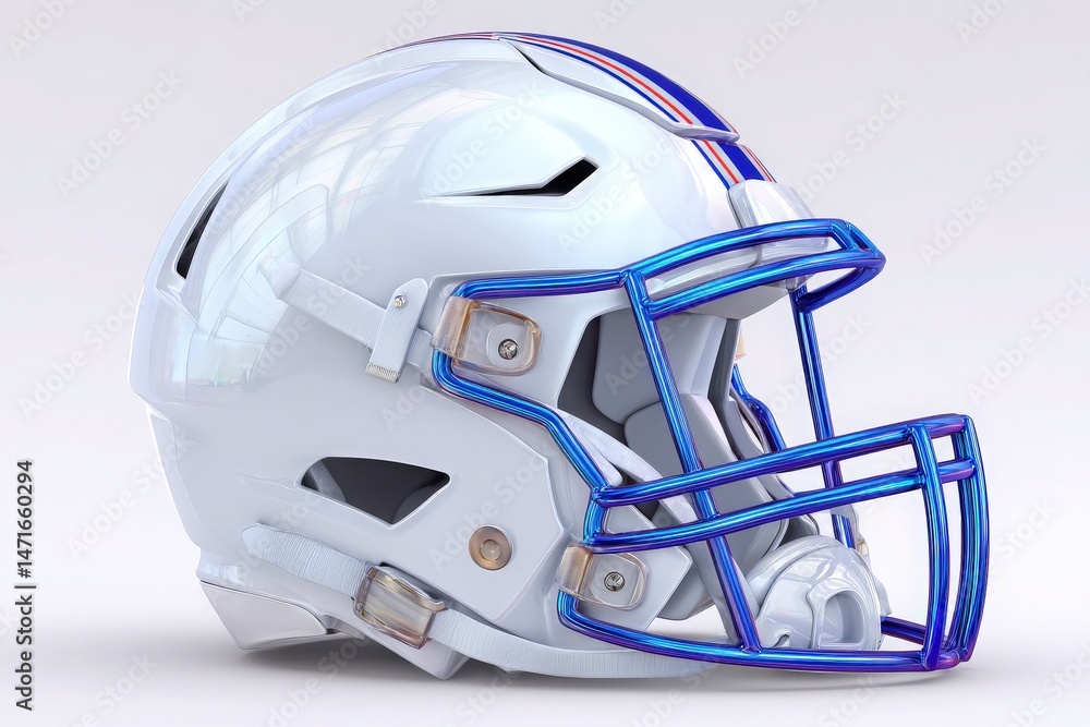 A football helmet with a glossy white finish and bright blue faceguard sits on a light background. The streamlined design features ventilation and modern details, ideal for athletes.