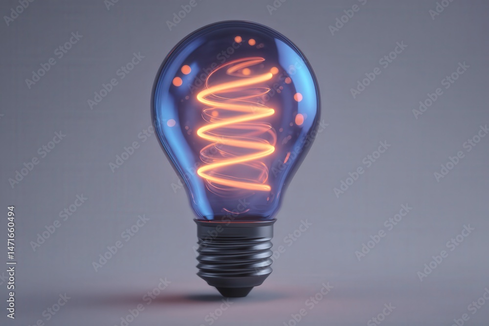 A glowing vintage inspired light bulb shines with a spiral filament inside. The bulb is set against a neutral gray background, highlighting its design and illumination.