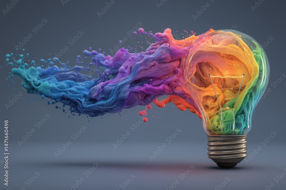 A light bulb is creatively depicted with colorful, swirling paint pouring out in vibrant shades of blue, purple, orange, and pink, producing an artistic and lively visual effect.