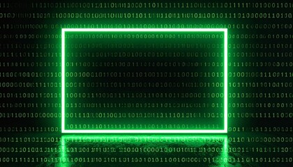 A glowing neon green square against a backdrop of binary code, representing technology and innovation