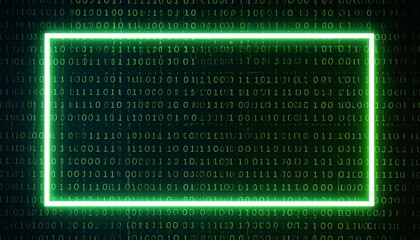 a vibrant green illuminated rectangle frame on a matrix of binary code, showcasing a sense of data a
