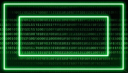 binary code matrix of glowing green rectangular frames against a dark background
