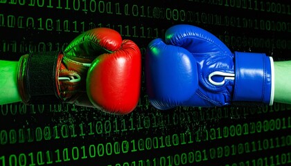 Red and blue boxing gloves clashing in a digital world, symbolizing conflict or competition. The gloves are in the center of the image.