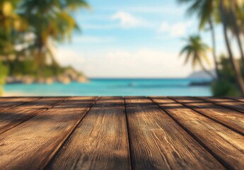 Poster - A weathered wooden deck overlooks a tranquil tropical beach scene, palm trees swaying gently in the background under a bright, sunny sky. : Generative AI