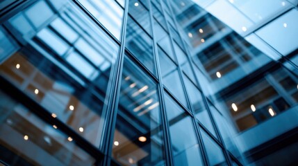 Poster - Modern glass facade of a skyscraper reflecting the city lights at dusk, showcasing architectural details and urban environment. : Generative AI