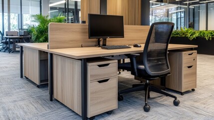 Poster - Modern office workspace with light wood desks, ergonomic chair, and computer monitor, showcasing a contemporary and efficient work environment. : Generative AI