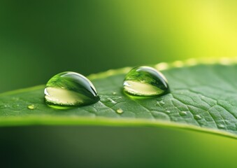 Fototapete - Two glistening water droplets rest on a vibrant green leaf, reflecting the surrounding light and showcasing nature's delicate beauty. : Generative AI