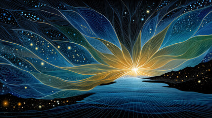 Wall Mural - celestial bloom: a mesmerizing digital illustration of a vibrant, abstract floral form, radiating li