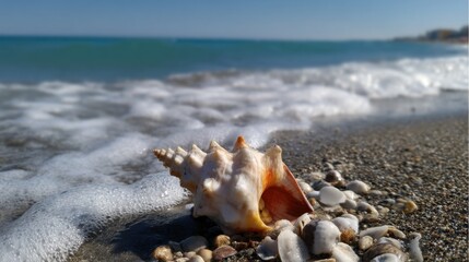 Poster - Seashell on a sandy beach with ocean waves gently washing ashore, a tranquil summer scene. : Generative AI