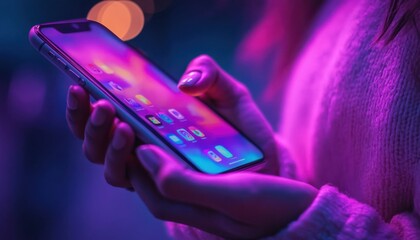 Poster - Woman's hands hold a smartphone displaying colorful app icons under vibrant purple and blue neon lighting. : Generative AI