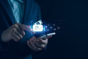 Wall Mural - fintech, financial technology, digital payment concept, ai, banking economy and money. businessman w