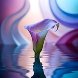 "Elegant purple calla lily standing in calm water with abstract pastel swirls in the background."