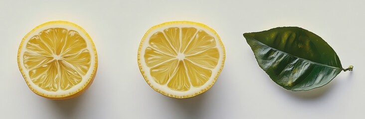 Aufkleber - Two lemon halves and a green leaf arranged on a white background, showcasing vibrant citrus colors and organic textures. : Generative AI