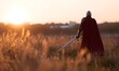 © simba kim - A knight in armor and a red cloak walks across a field at dawn, holding his sword high. Generative AI