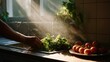 © Suphawan - Morning kitchen light illuminating a man washing vegetables in the sink, fresh parsley and tomatoes in view