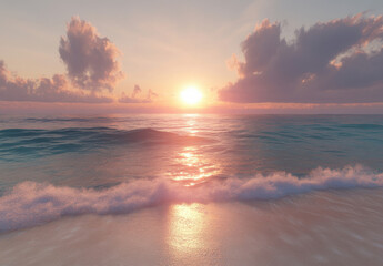 Poster - Serene sunset over a tranquil ocean, gentle waves lapping a sandy beach, creating a peaceful and idyllic coastal scene. : Generative AI