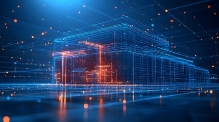 Leinwandbilder - Futuristic digital building with glowing orbs and intense orange light. Data visualization of interconnected systems. Advanced technology infrastructure design. Abstract dark blue wireframe