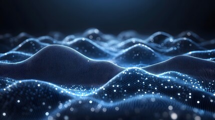 Poster - Digital waves of blue dots create a mesmerizing landscape. The soft, glowing lights and textured appearance convey fluidity and depth, perfect for a futuristic backdrop. Abstract dark blue wireframe