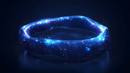 Poster - Futuristic glowing ring hovers above a reflective surface, radiating vibrant blue light and energy. A captivating digital art piece. Abstract dark blue wireframe.