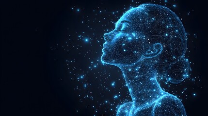 Aufkleber - Digital woman in wireframe. Glowing blue lines form her profile, eyes closed, amidst energy dots. Network connections evoke futuristic tech. Abstract dark blue wireframe