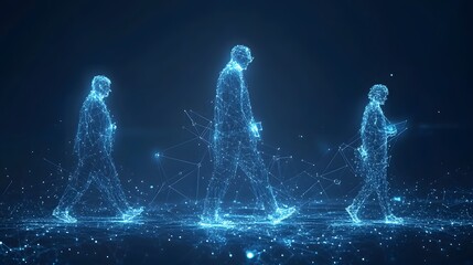 Leinwandbilder - Futuristic figures traverse a digital landscape. Glowing blue wireframes suggest a virtual reality or advanced simulation. The scene evokes technological progress. Abstract dark blue wireframe