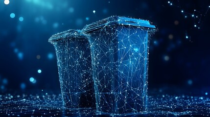 Aufkleber - Futuristic trash cans are rendered in glowing blue wireframe against a tech backdrop. This image blends technology and environmental themes. Great for digital or abstract Abstract dark blue wireframe.