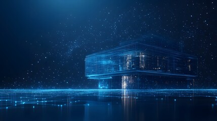 Poster - Futuristic blue grid building reflecting on a sleek surface, surrounded by a digital constellation. High-tech design creates a cool, modern aesthetic. Abstract dark blue wireframe