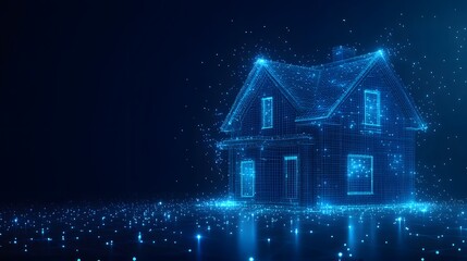 Fototapete - Futuristic two-story house rendered in blue wireframe against a dark blue grid background. The ethereal design with glowing particles evokes a sense of modern architecture. Abstract blue wireframe